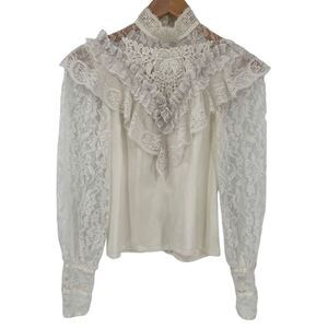 Vintage Gunne Sax‎ By Jessica McClintock Lace Mock Neck Blouse Women 3 Ivory